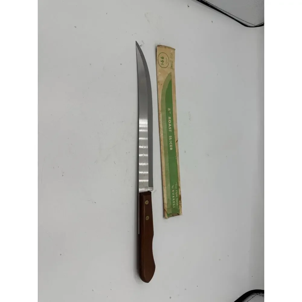 Vintage Burrell 8” Roast Slicer Knife – Stainless Steel Blade – Wood Handle